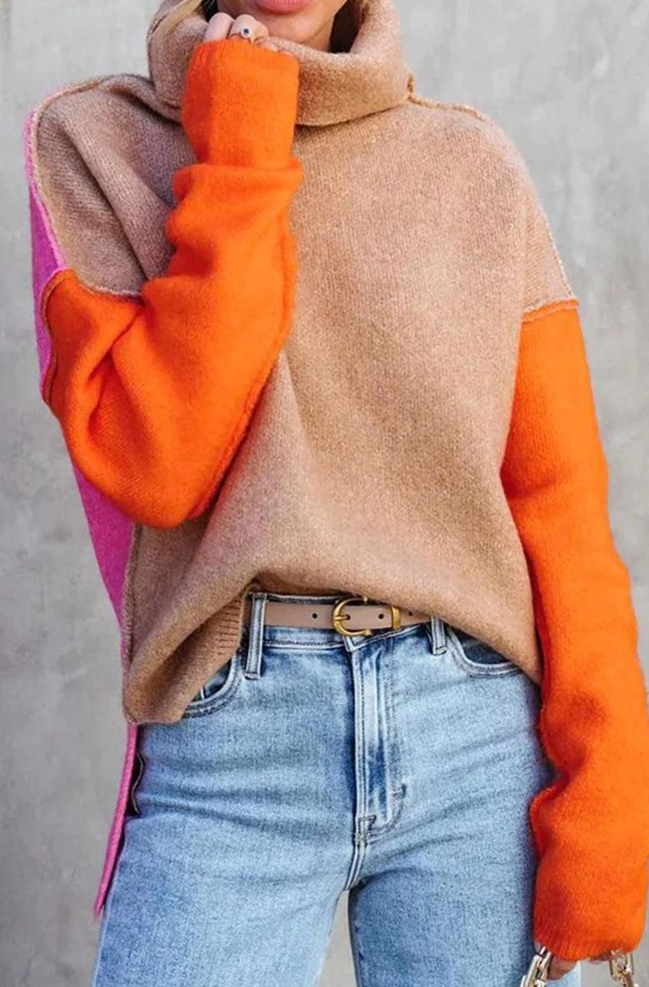 Women's Color Block Turtleneck Relaxed-Fit Knit Sweater, Camel, Orange, Pink