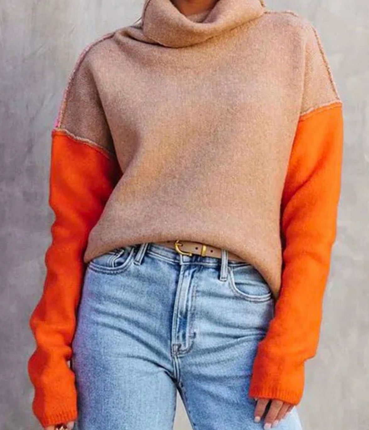 Women's Color Block Turtleneck Relaxed-Fit Knit Sweater, Camel, Orange, Pink