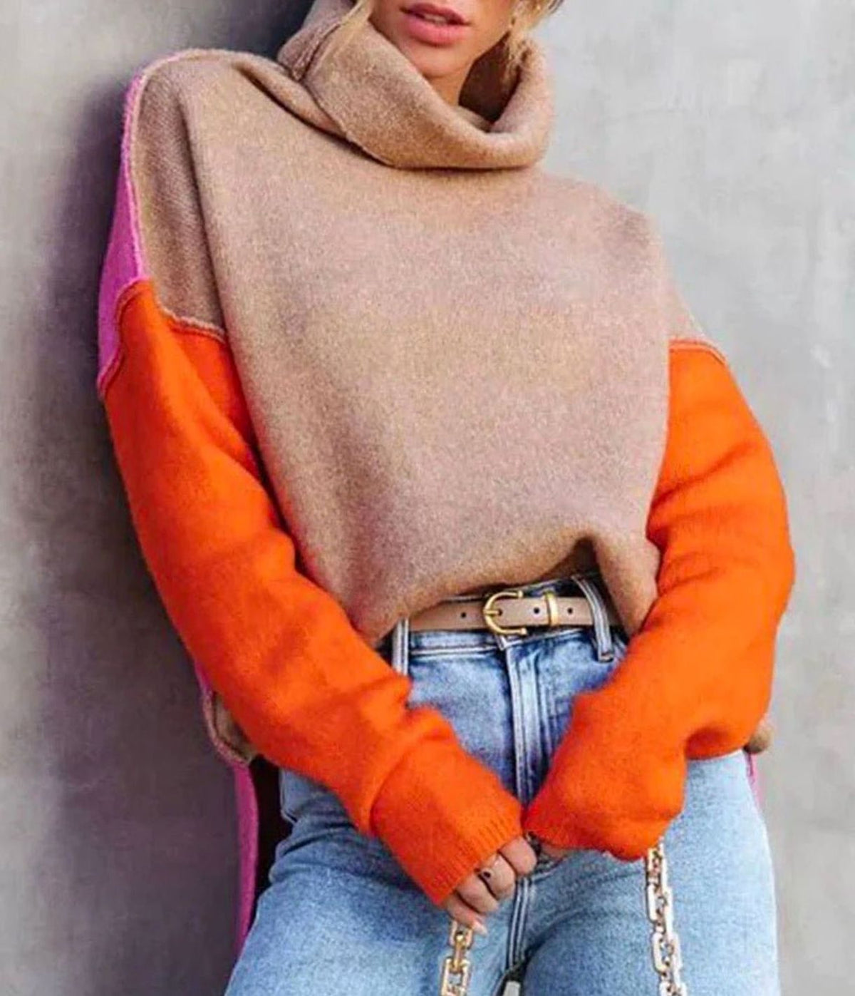 Women's Color Block Turtleneck Relaxed-Fit Knit Sweater, Camel, Orange, Pink