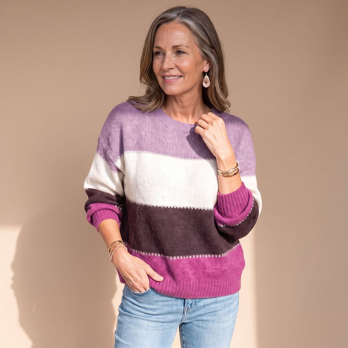 Women's Colorblock Long-Sleeve Knit Jumper Sweater - Purple