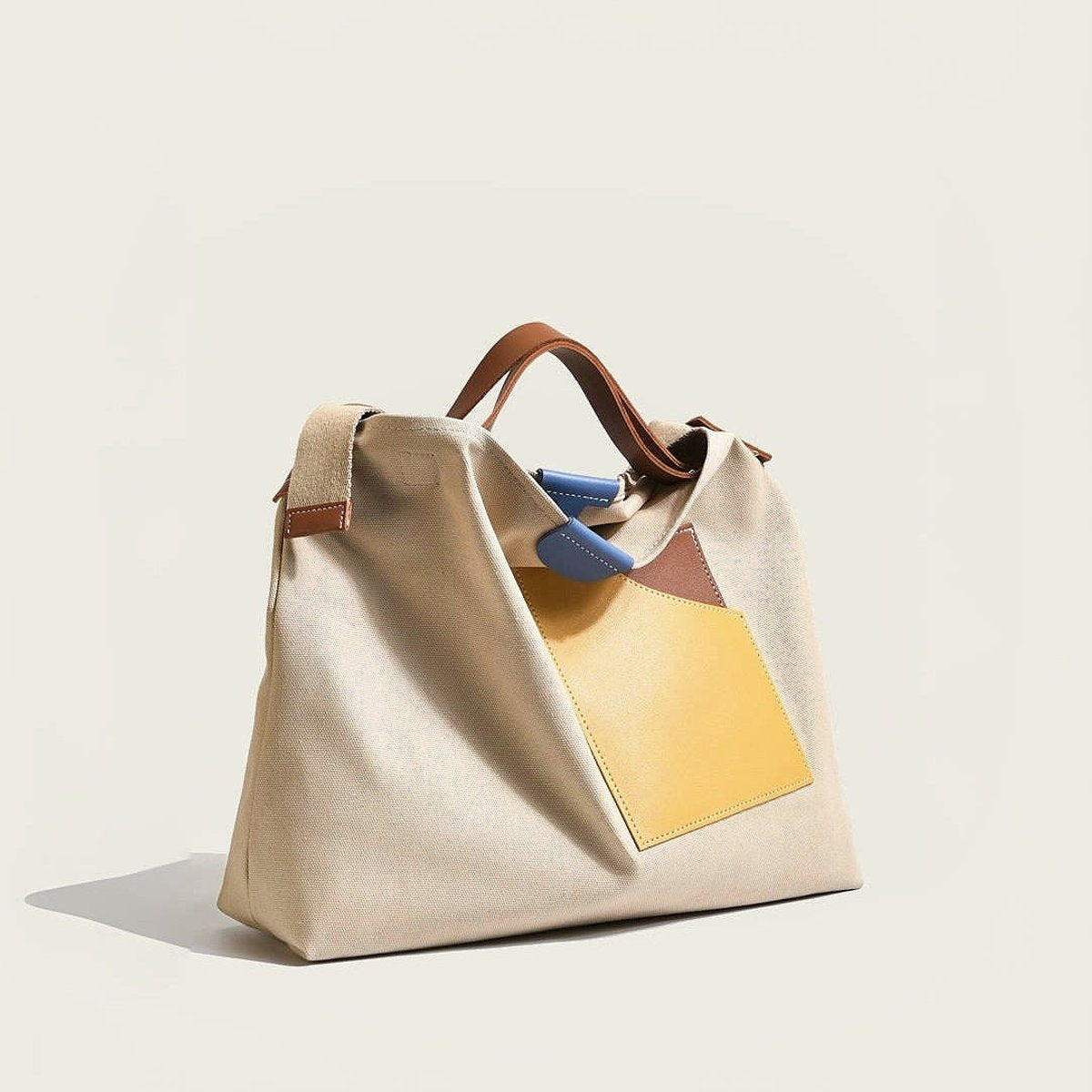 Women's Colour-Block Canvas Tote Bag PU Leather Pocket Shoulder Bag