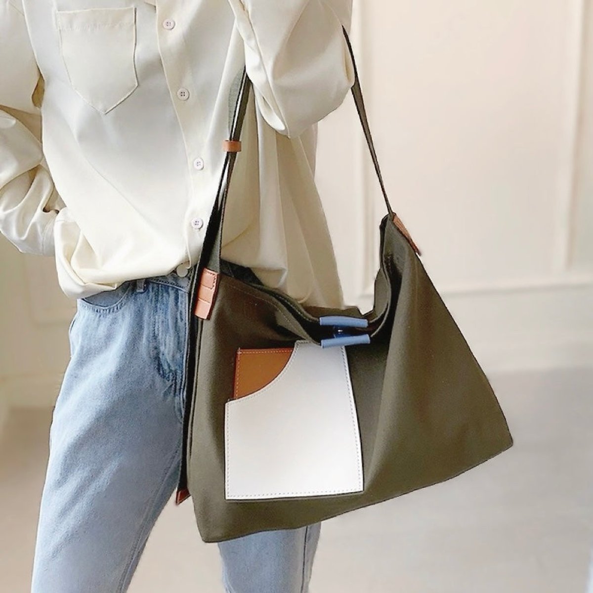 Women's Colour-Block Canvas Tote Bag PU Leather Pocket Shoulder Bag - Grün