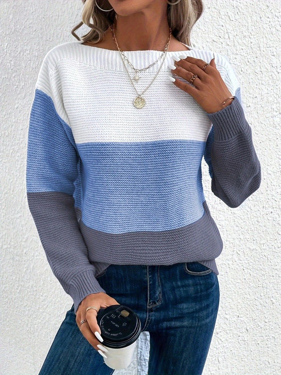 Women's Colour Block Relaxed Fit Long Sleeve Knit Sweater - Blue