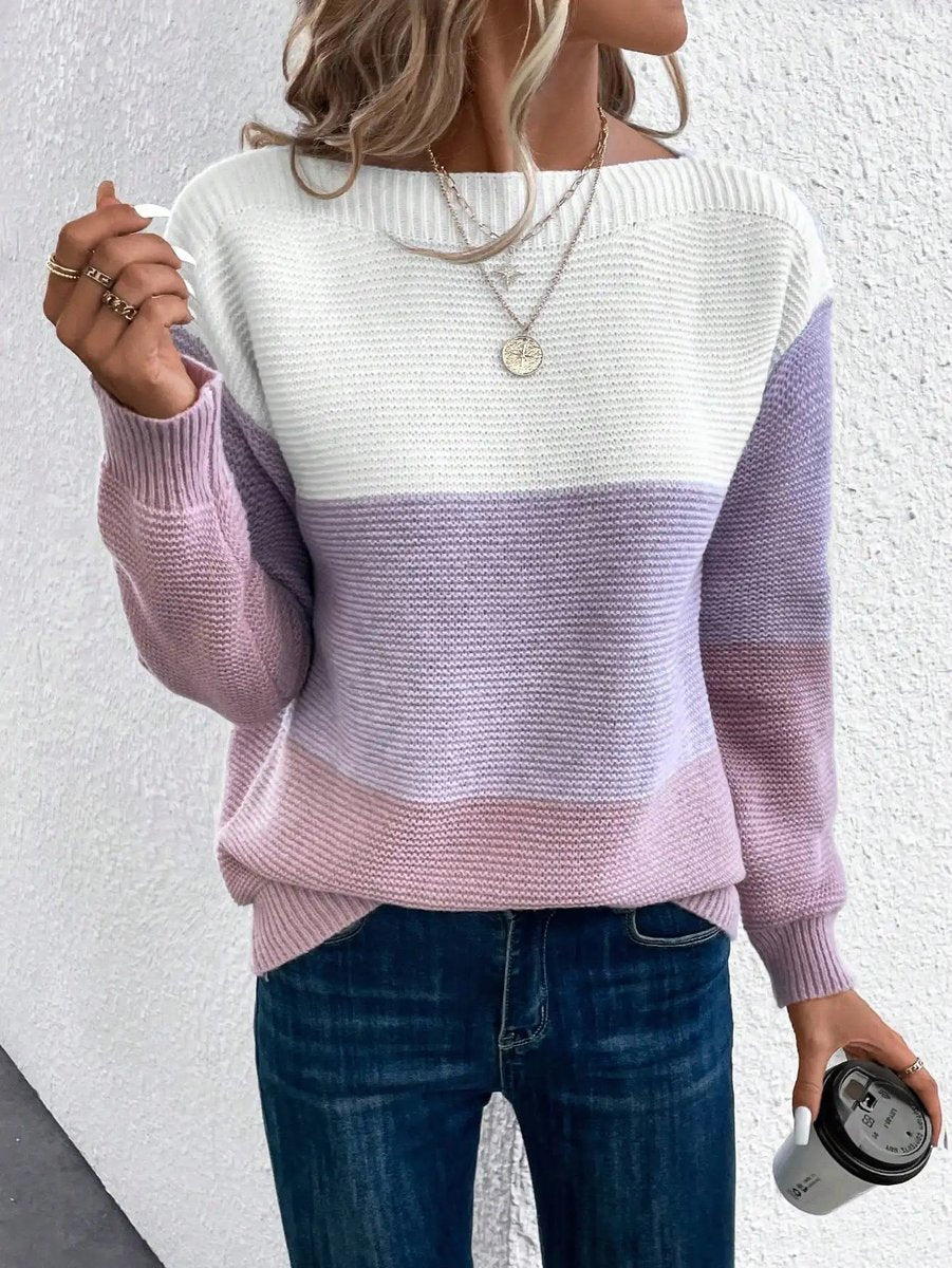 Women's Colour Block Relaxed Fit Long Sleeve Knit Sweater - Purple