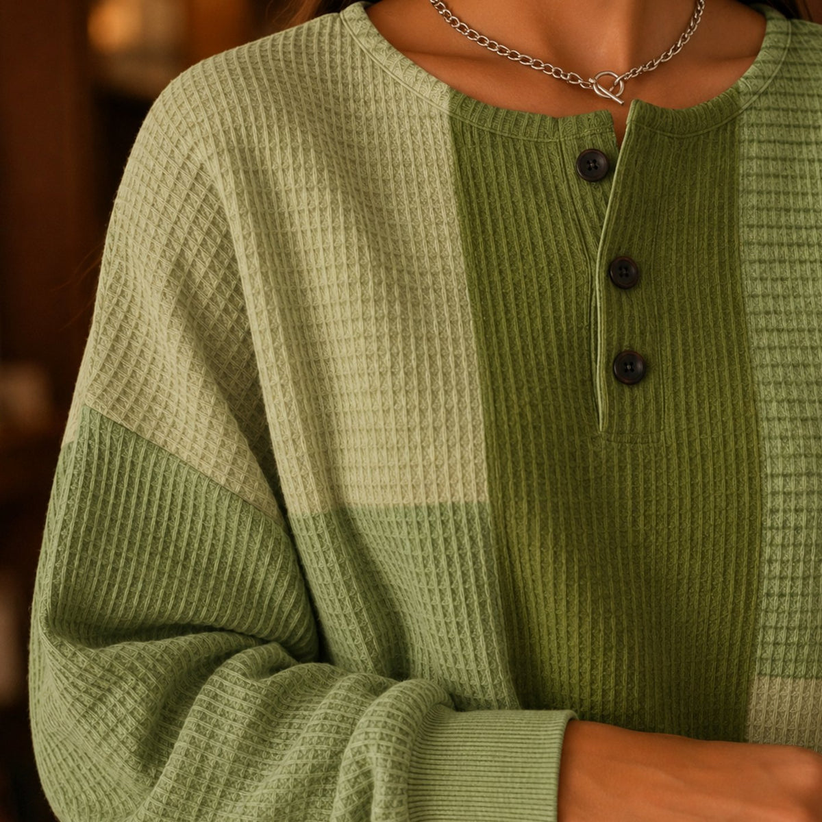 Women's Colour Block Waffle Knit Henley Relaxed Jumper