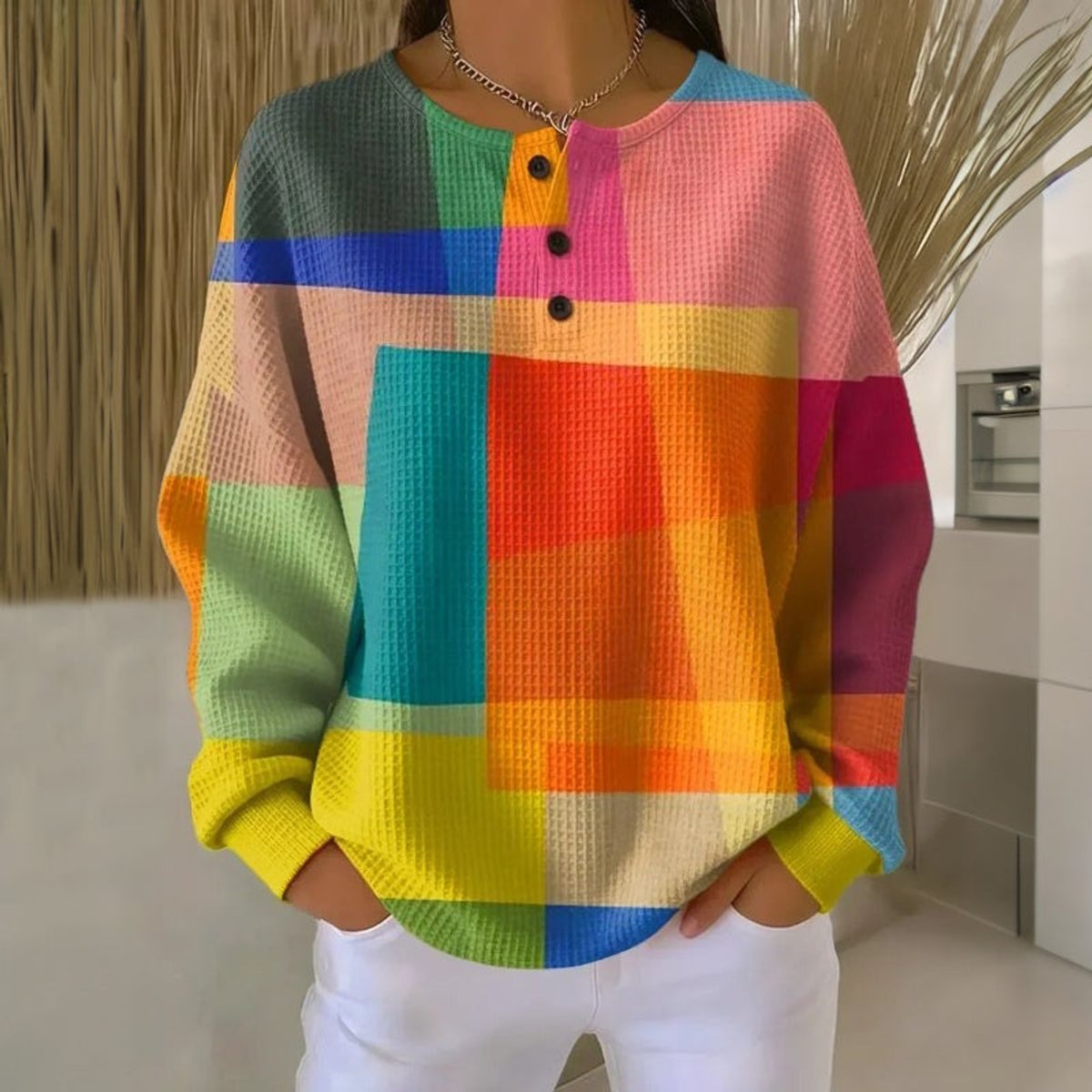 Women's Colourblock Waffle-Knit Button-Neck Pullover Sweater