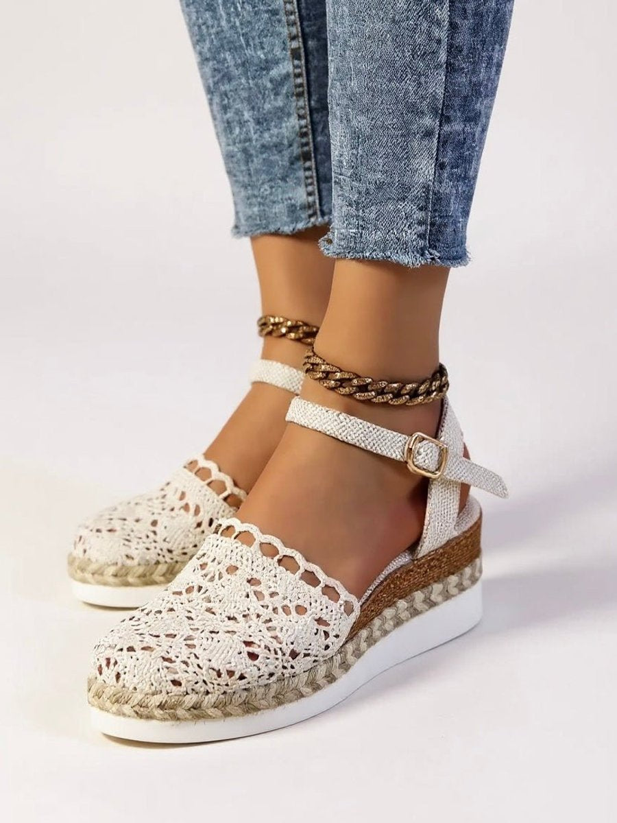 Women's Comfortable Sandals Boho Crochet Flatform Espadrille Ankle Strap