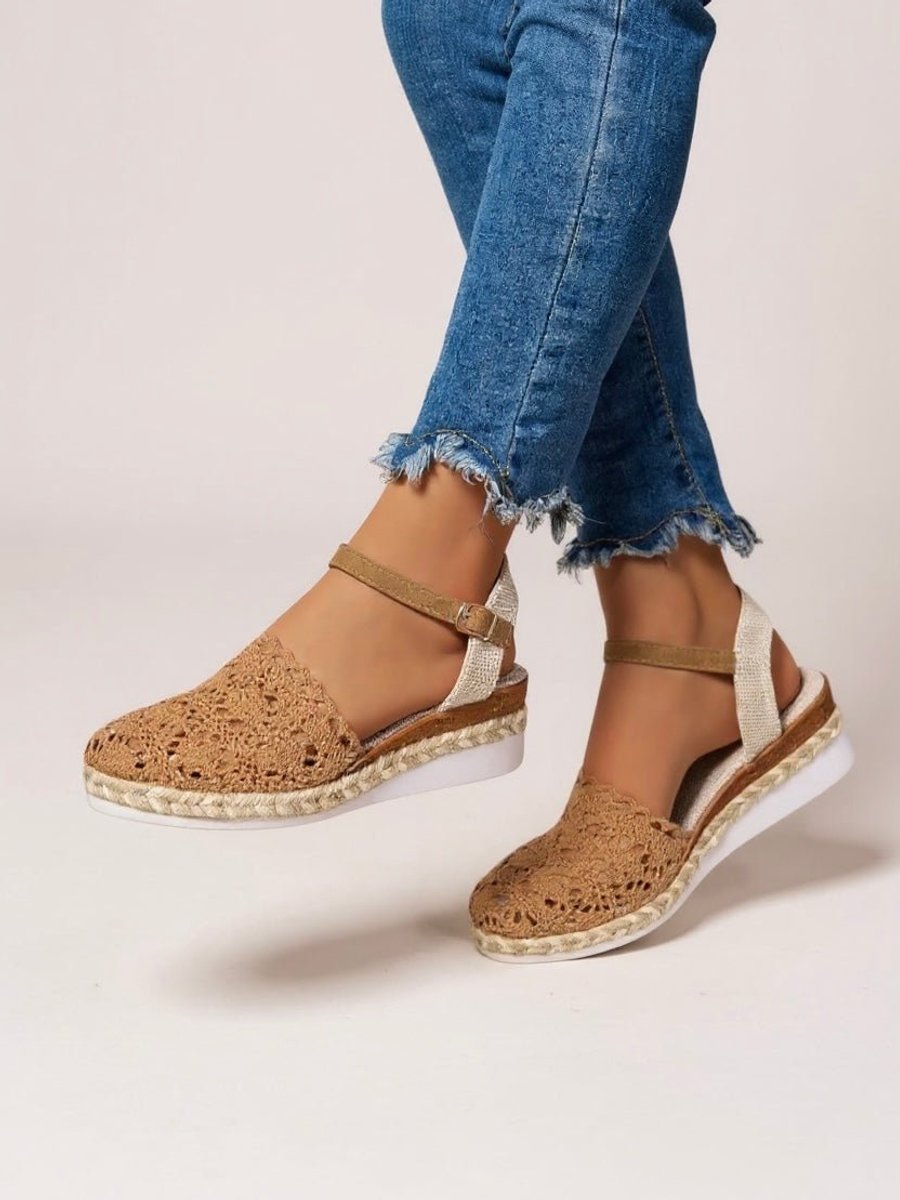 Women's Comfortable Sandals Boho Crochet Flatform Espadrille Ankle Strap
