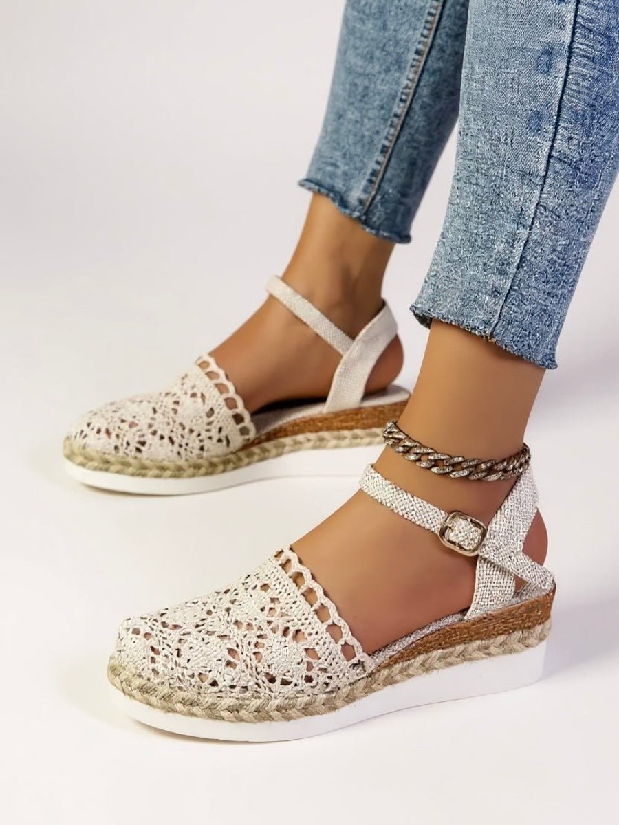 Women's Comfortable Sandals Boho Crochet Flatform Espadrille Ankle Strap - Beige