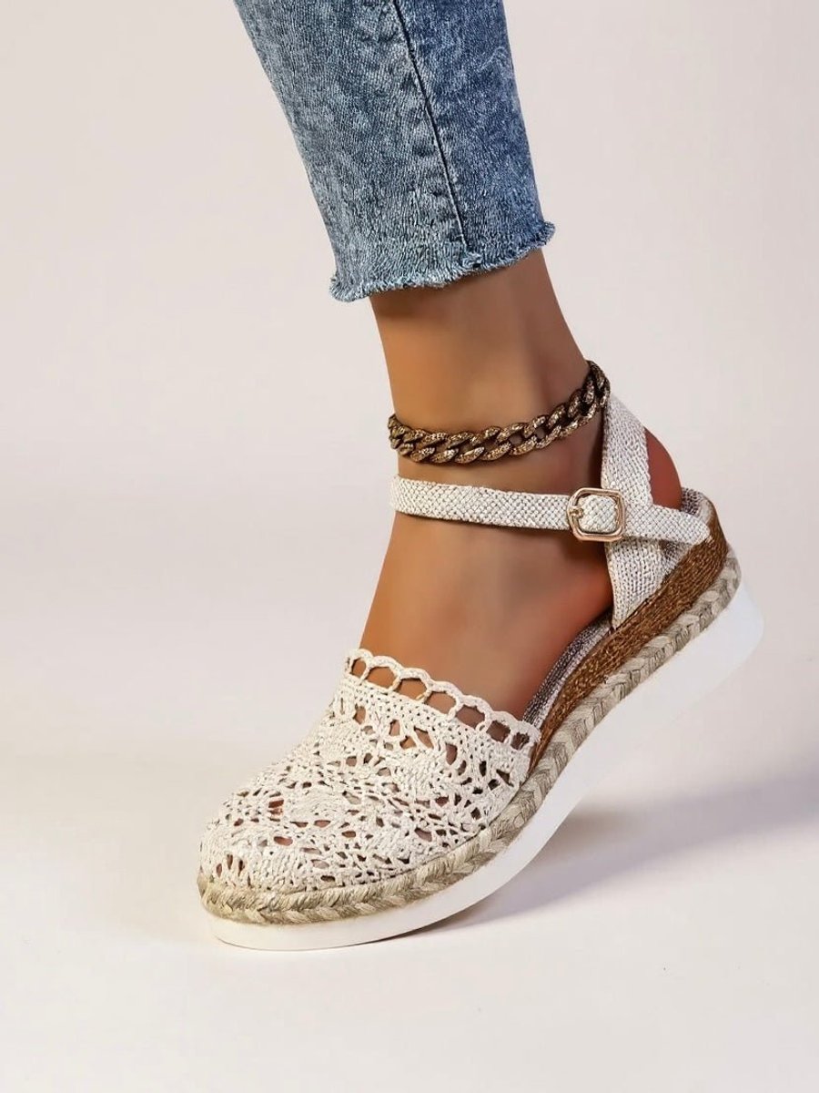 Women's Comfortable Sandals Boho Crochet Flatform Espadrille Ankle Strap