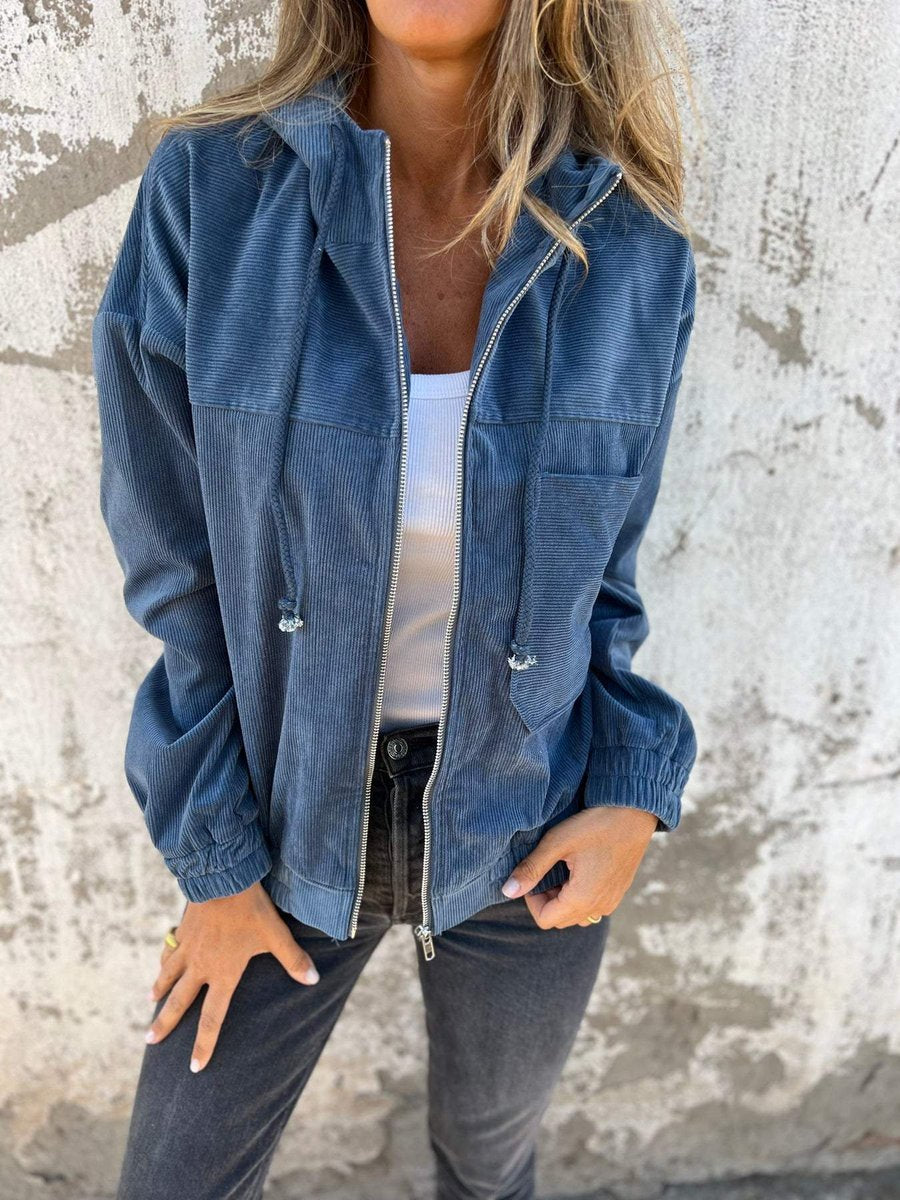 Women's Corduroy Hooded Zip-Up Jacket Relaxed Fit - Blue