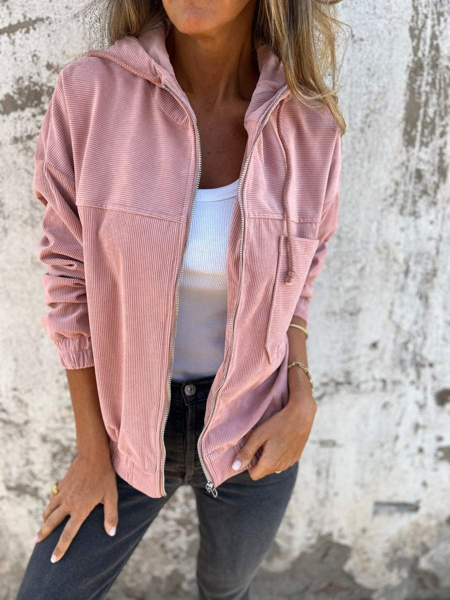 Women's Corduroy Hooded Zip-Up Jacket Relaxed Fit - Pink