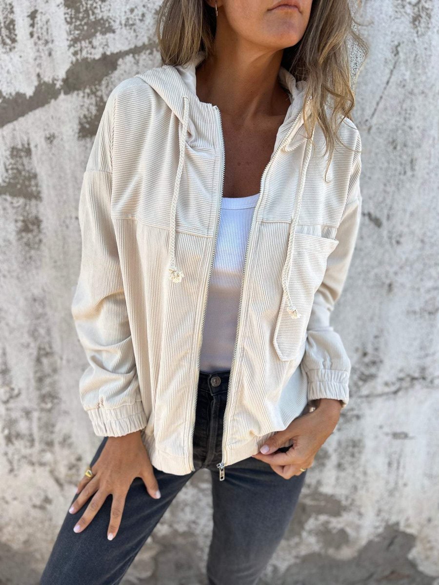Women's Corduroy Hooded Zip-Up Jacket Relaxed Fit - White