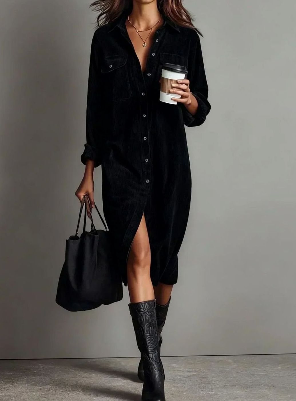 Women's Corduroy Long-Sleeve Midi Shirt Dress Straight Cut - Black