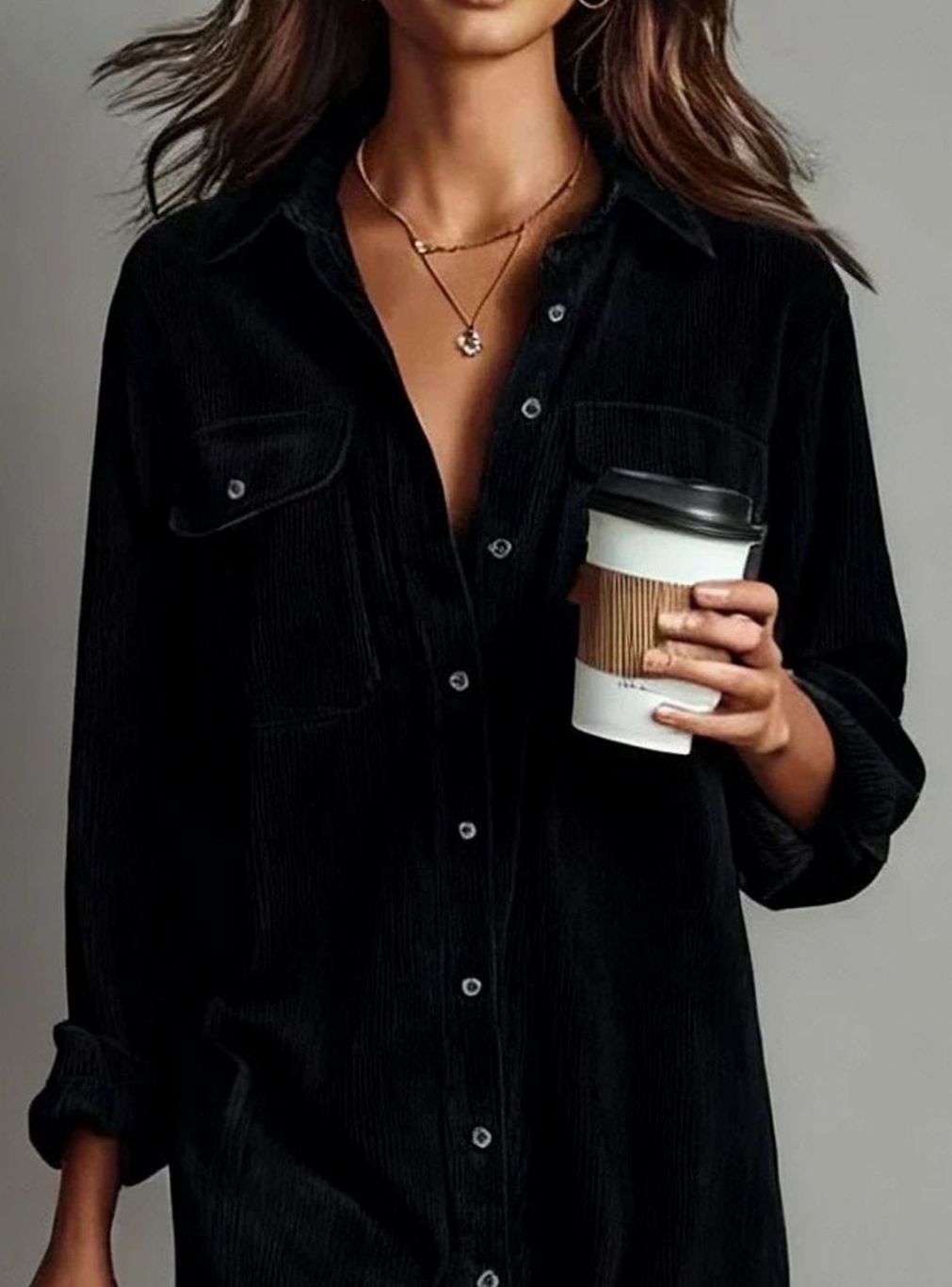 Women's Corduroy Long-Sleeve Midi Shirt Dress Straight Cut