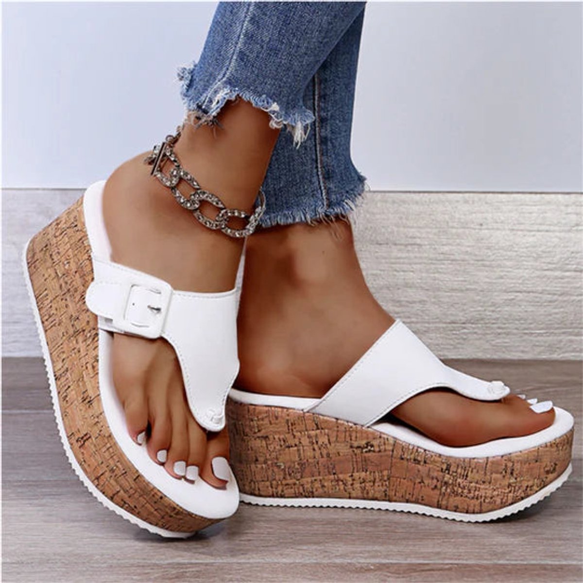 Women's Cork Wedge Platform Comfortable Sandals Thong Flip-Flop - White