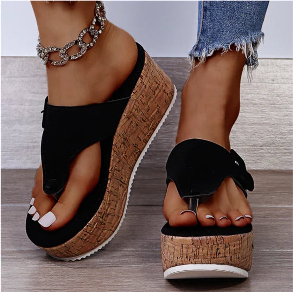 Women's Cork Wedge Platform Comfortable Sandals Thong Flip-Flop - Black