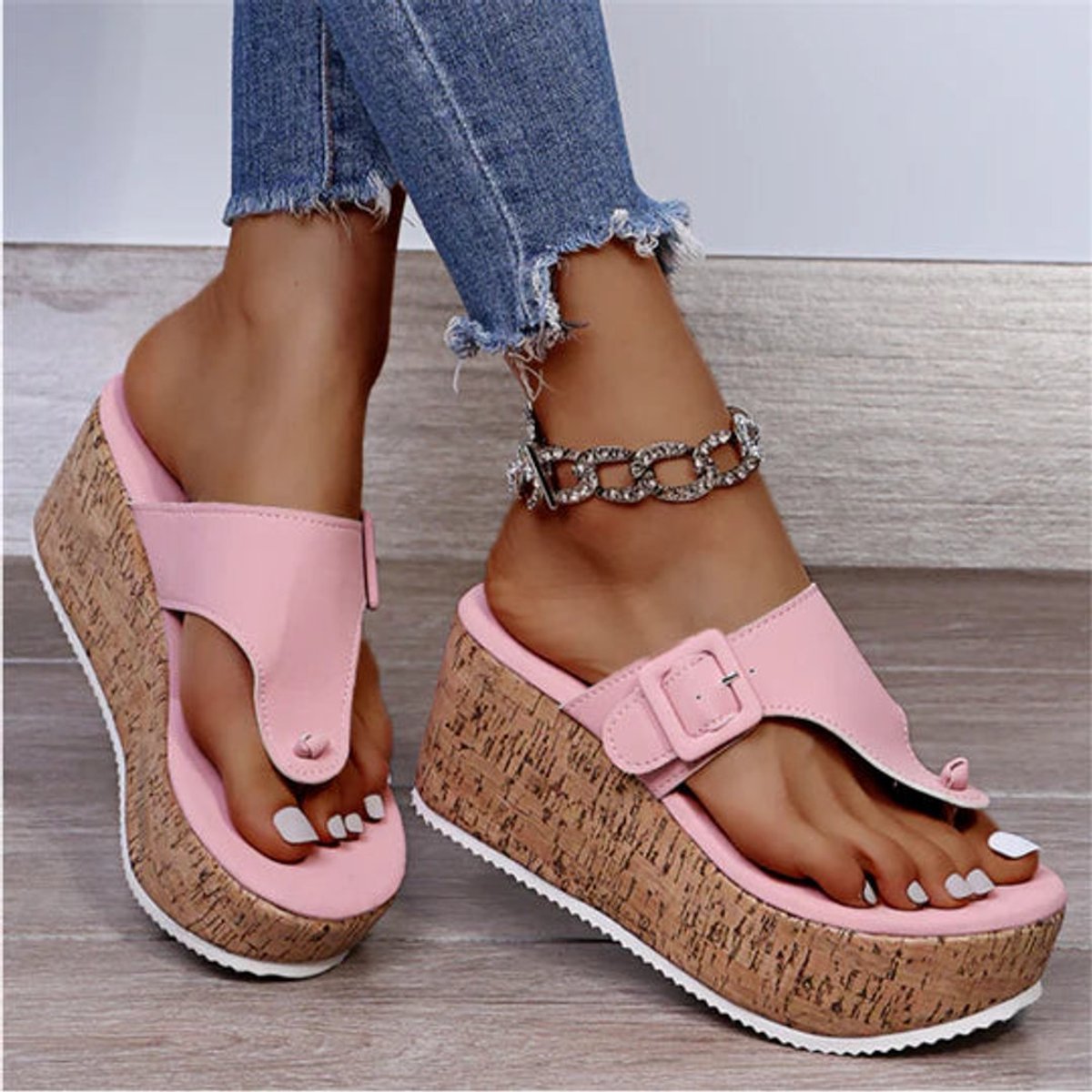 Women's Cork Wedge Platform Comfortable Sandals Thong Flip-Flop - Pink