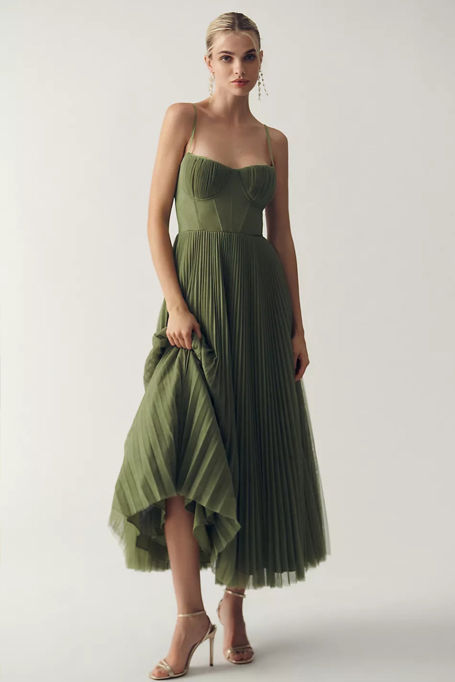 Women's Corset-Bodice Pleated Tulle Midi Slip Dress - Green