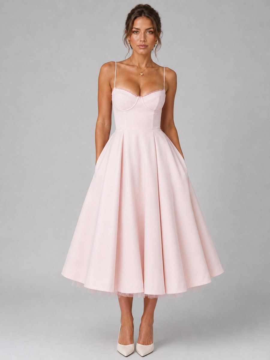 Women's Corset Sweetheart Midi Dress Full Pleated Skirt - Pink