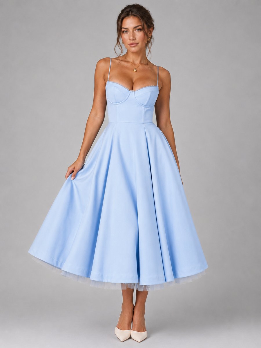 Women's Corset Sweetheart Midi Dress Full Pleated Skirt - Light Blue