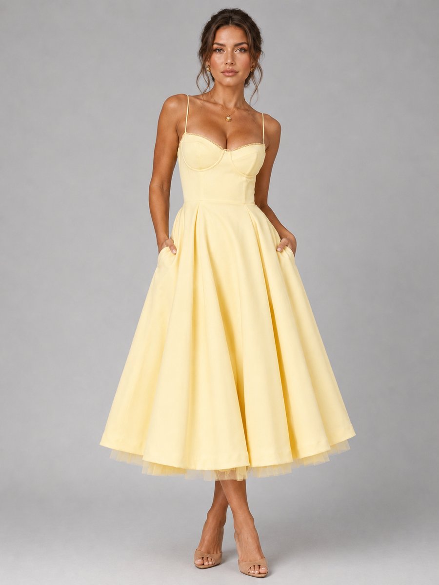 Women's Corset Sweetheart Midi Dress Full Pleated Skirt - Yellow