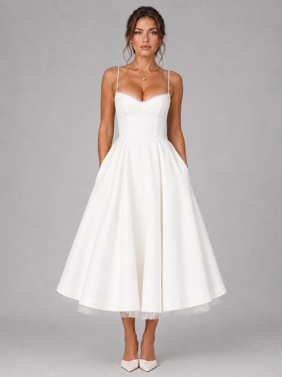 Women's Corset Sweetheart Midi Dress Full Pleated Skirt - White