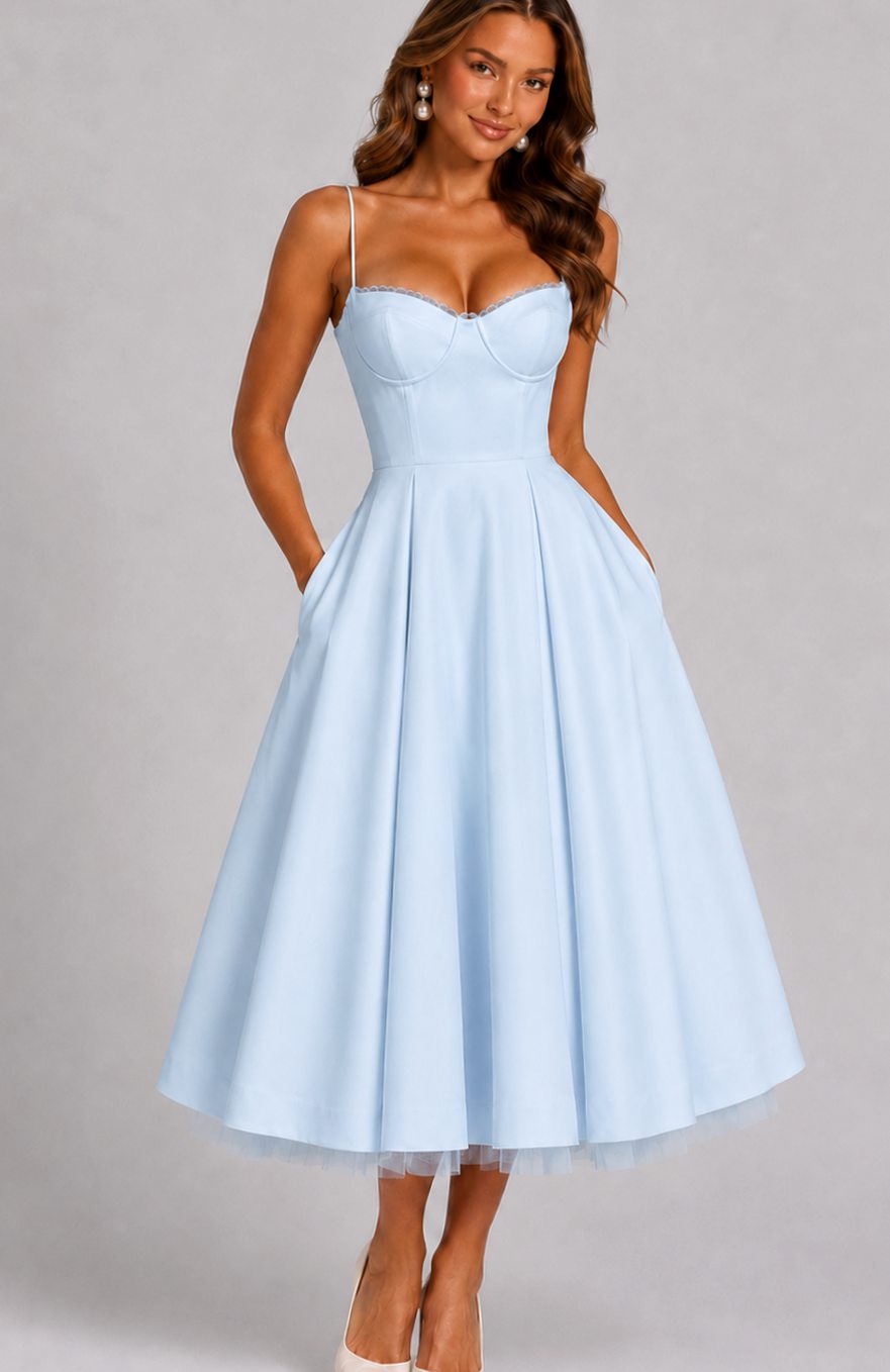Women's Corset Sweetheart Spaghetti Strap Midi Wedding Guest Dress - Light Blue