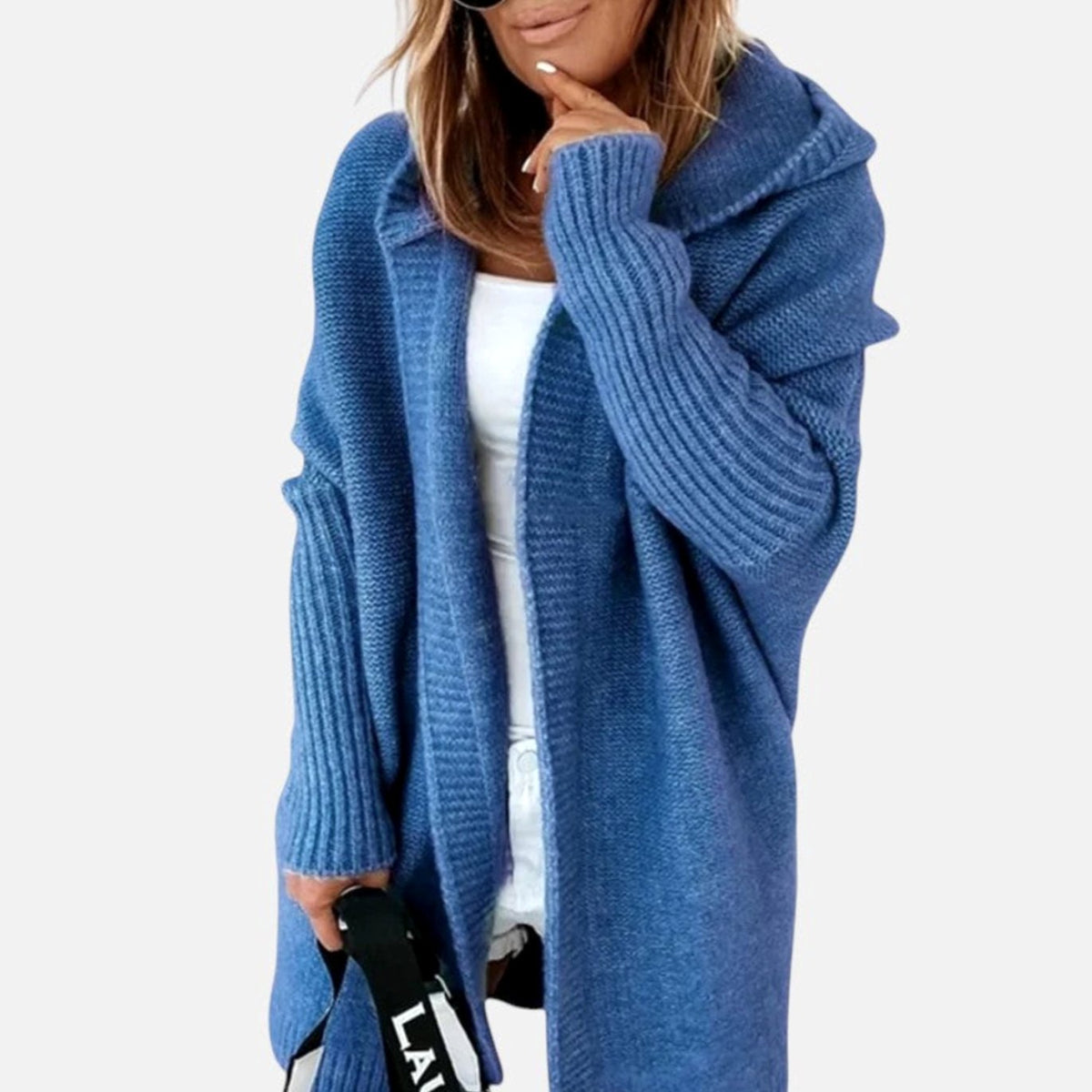 Women's Cosy Hooded Cardigan Open-Front Ribbed Knit Longline - Blue