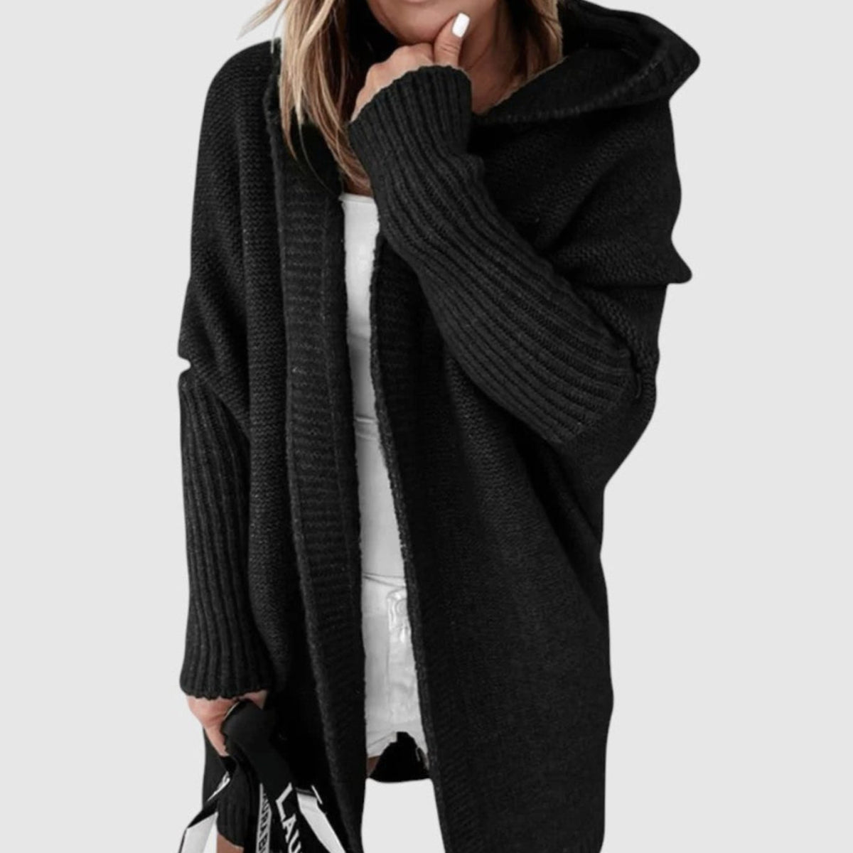 Women's Cosy Hooded Cardigan Open-Front Ribbed Knit Longline - Black