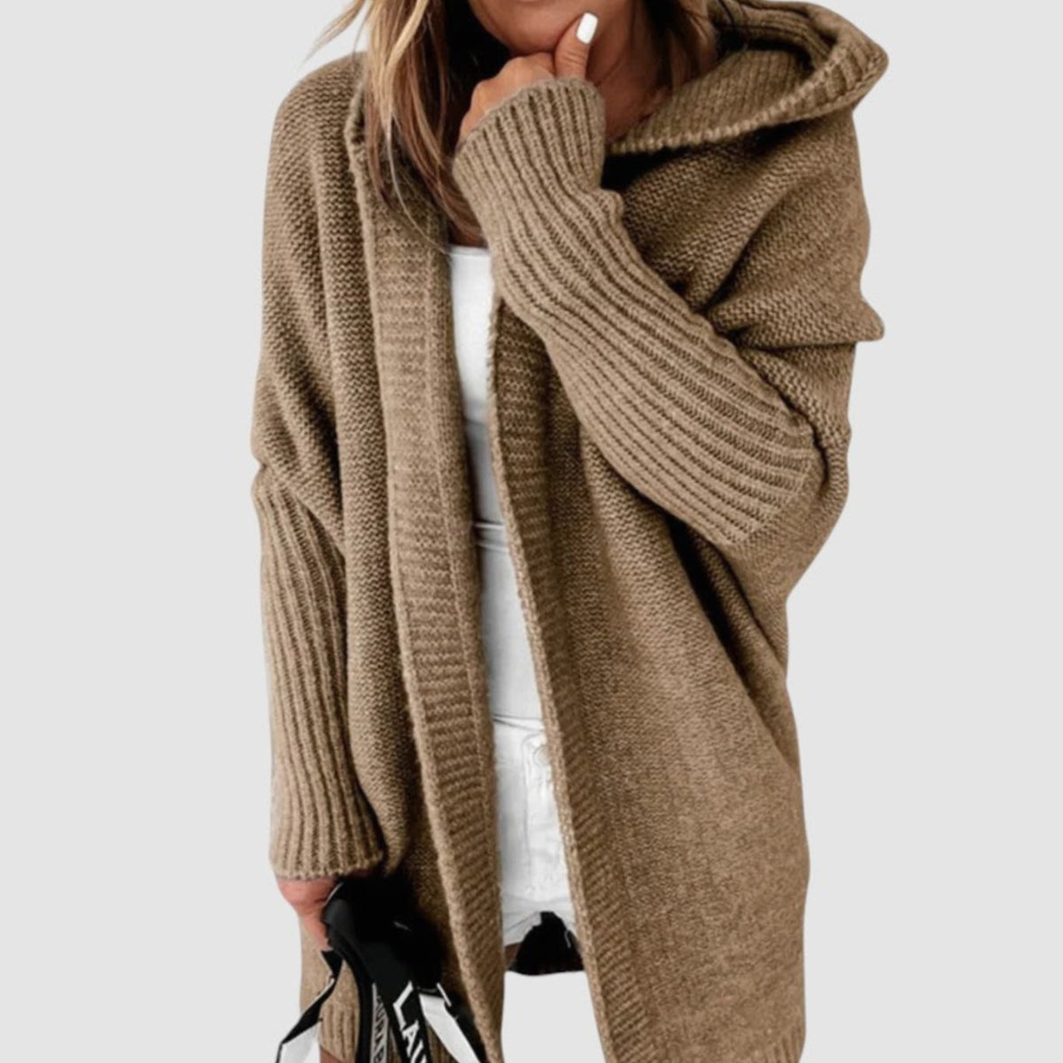 Women's Cosy Hooded Cardigan Open-Front Ribbed Knit Longline - Brown