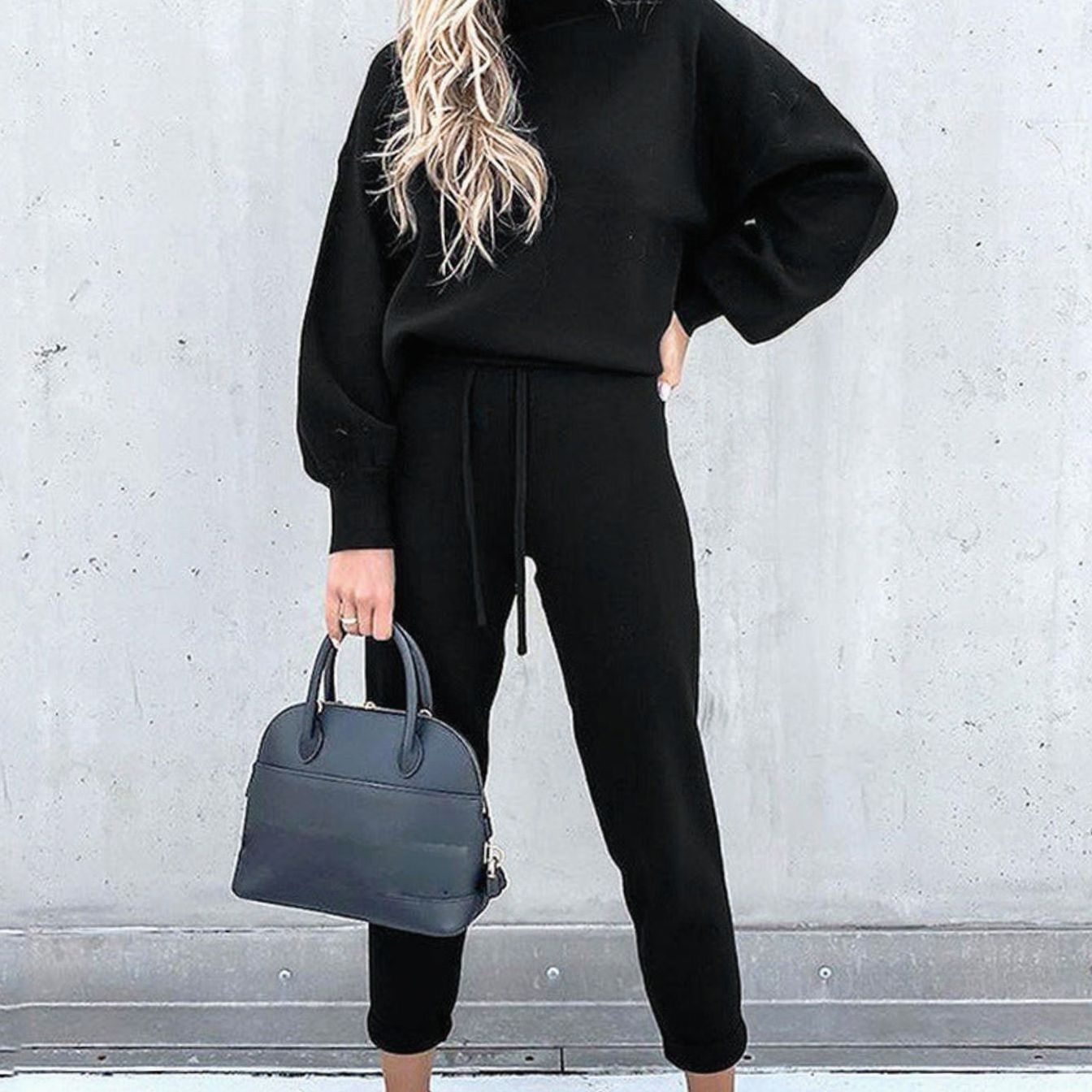 Women's Cosy Two-Piece Relaxed-Fit Drawstring Tracksuit Outfit - Black