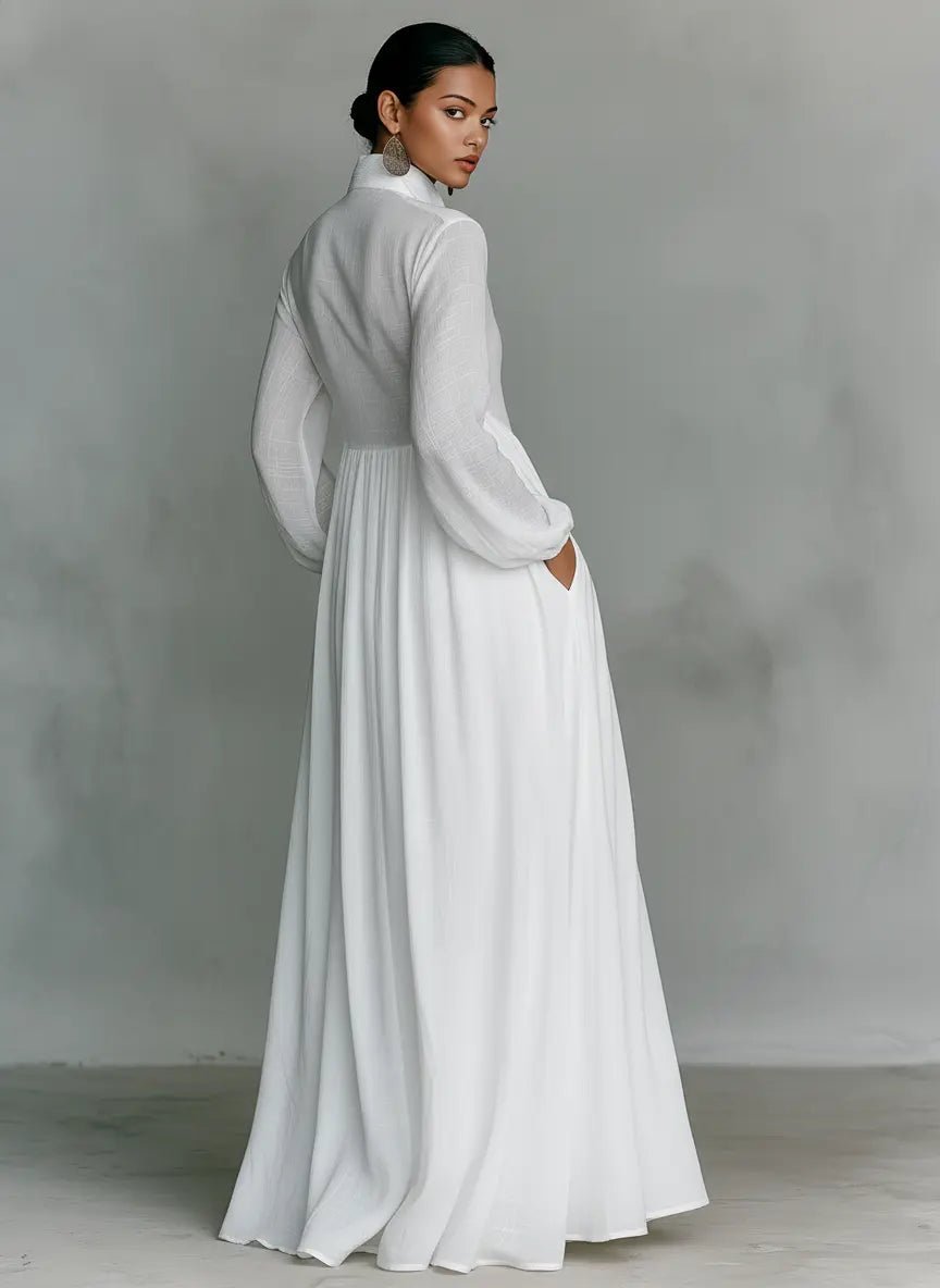 Women's Cotton-Linen Button-Front Stand Collar Maxi Shirt Dress