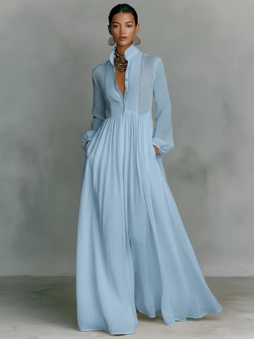 Women's Cotton-Linen Button-Front Stand Collar Maxi Shirt Dress - Blue