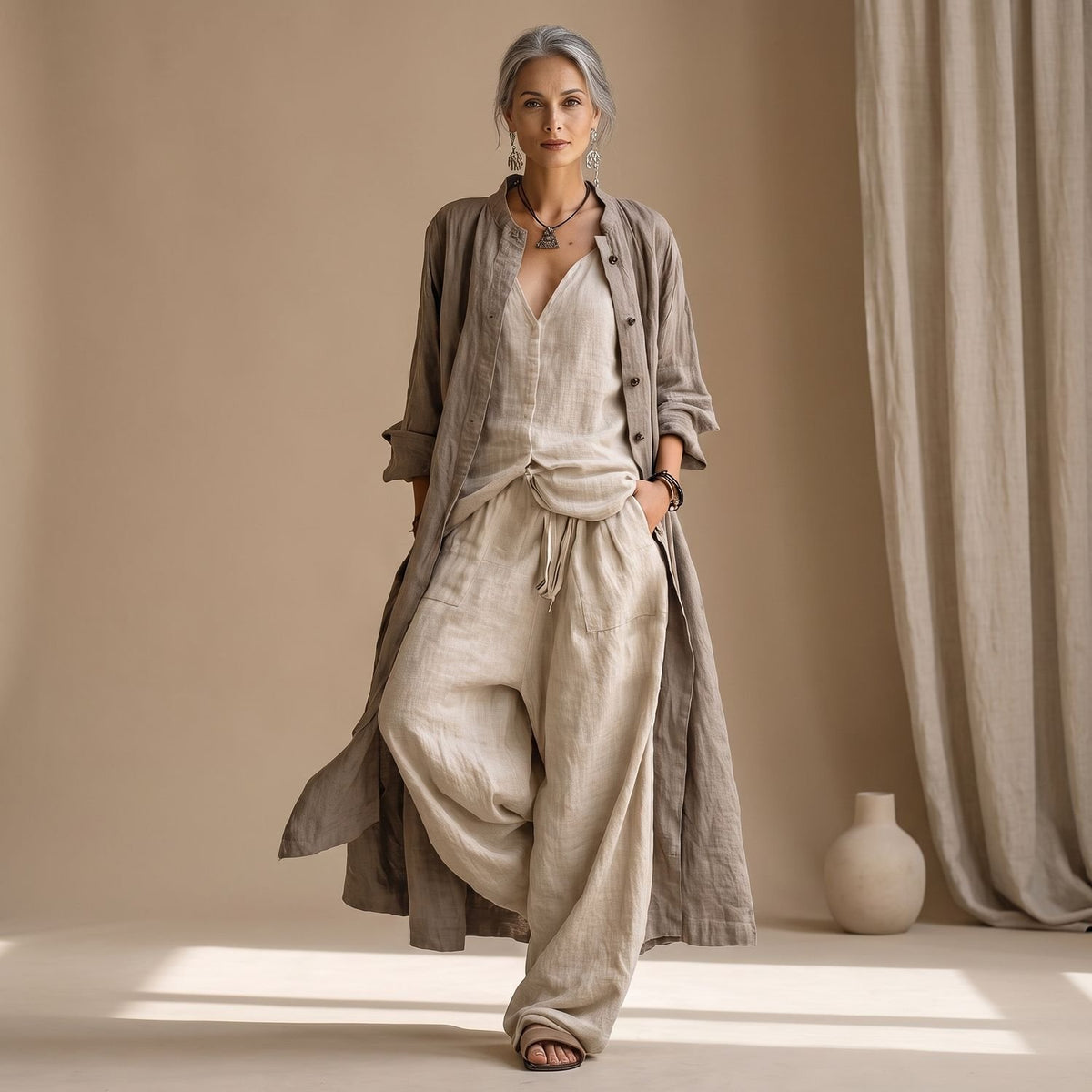 Women's Cotton Linen Three-Piece Boho Coord Set Cardigan Top Trousers - Beige