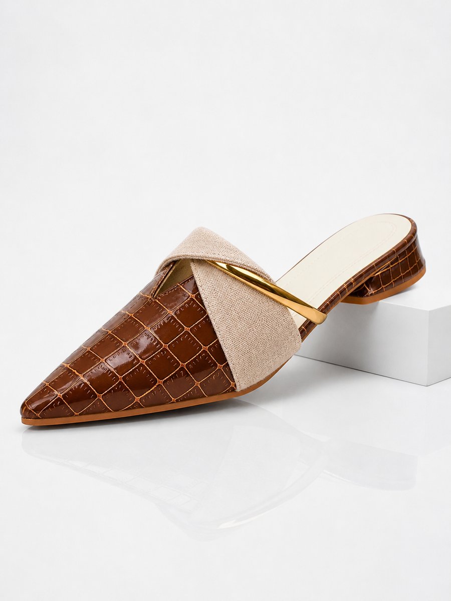 Womens Croc Effect Pointed Toe Low Block Heel Slip-On Mules - Brown