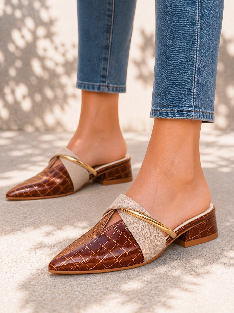 Womens Croc Effect Pointed Toe Low Block Heel Slip-On Mules