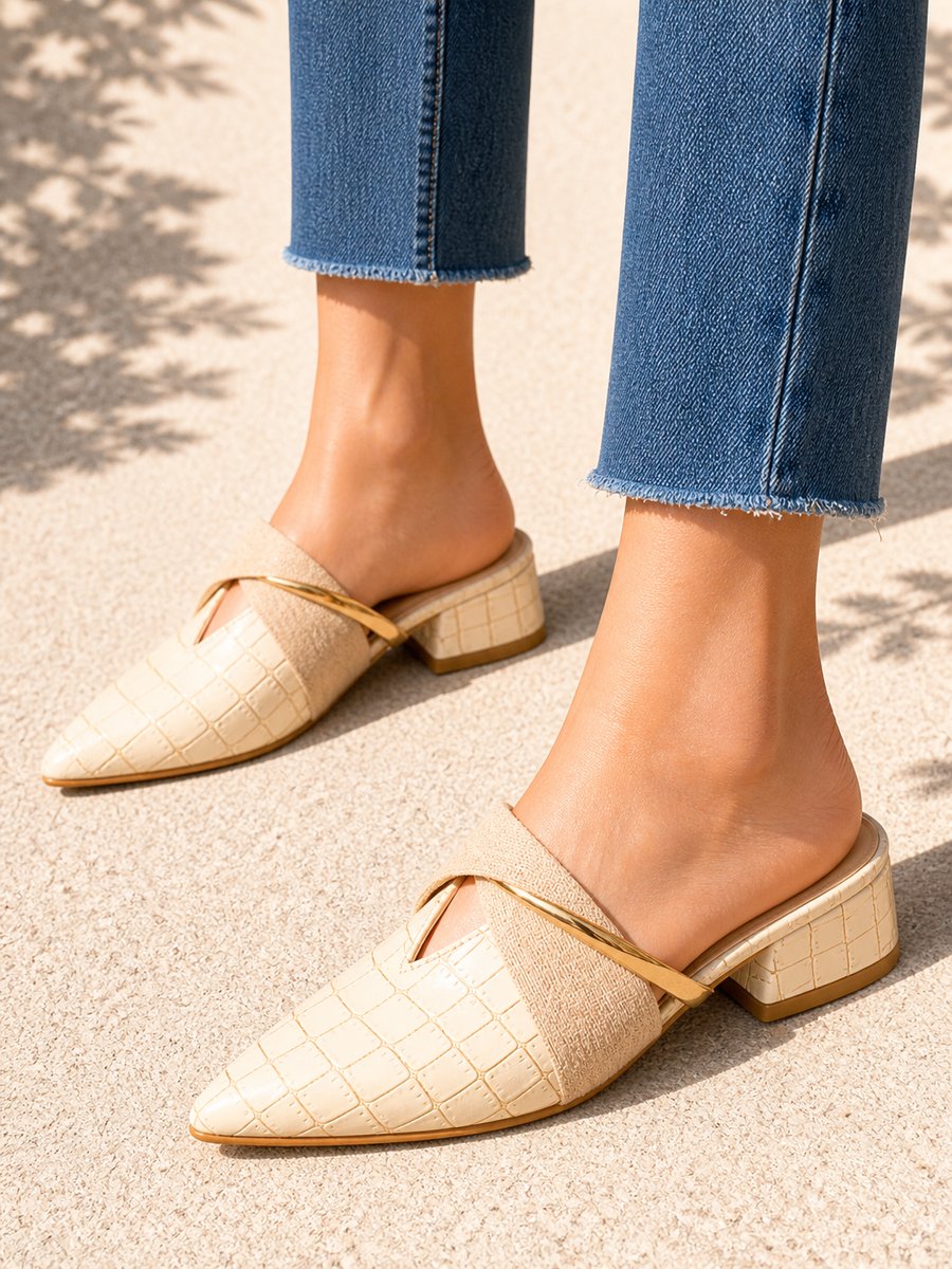 Womens Croc Effect Pointed Toe Low Block Heel Slip-On Mules