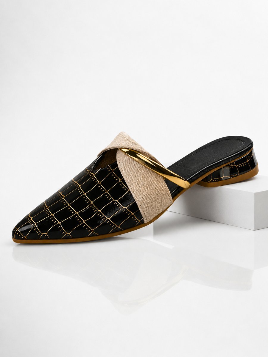 Womens Croc Effect Pointed Toe Low Block Heel Slip-On Mules - Black
