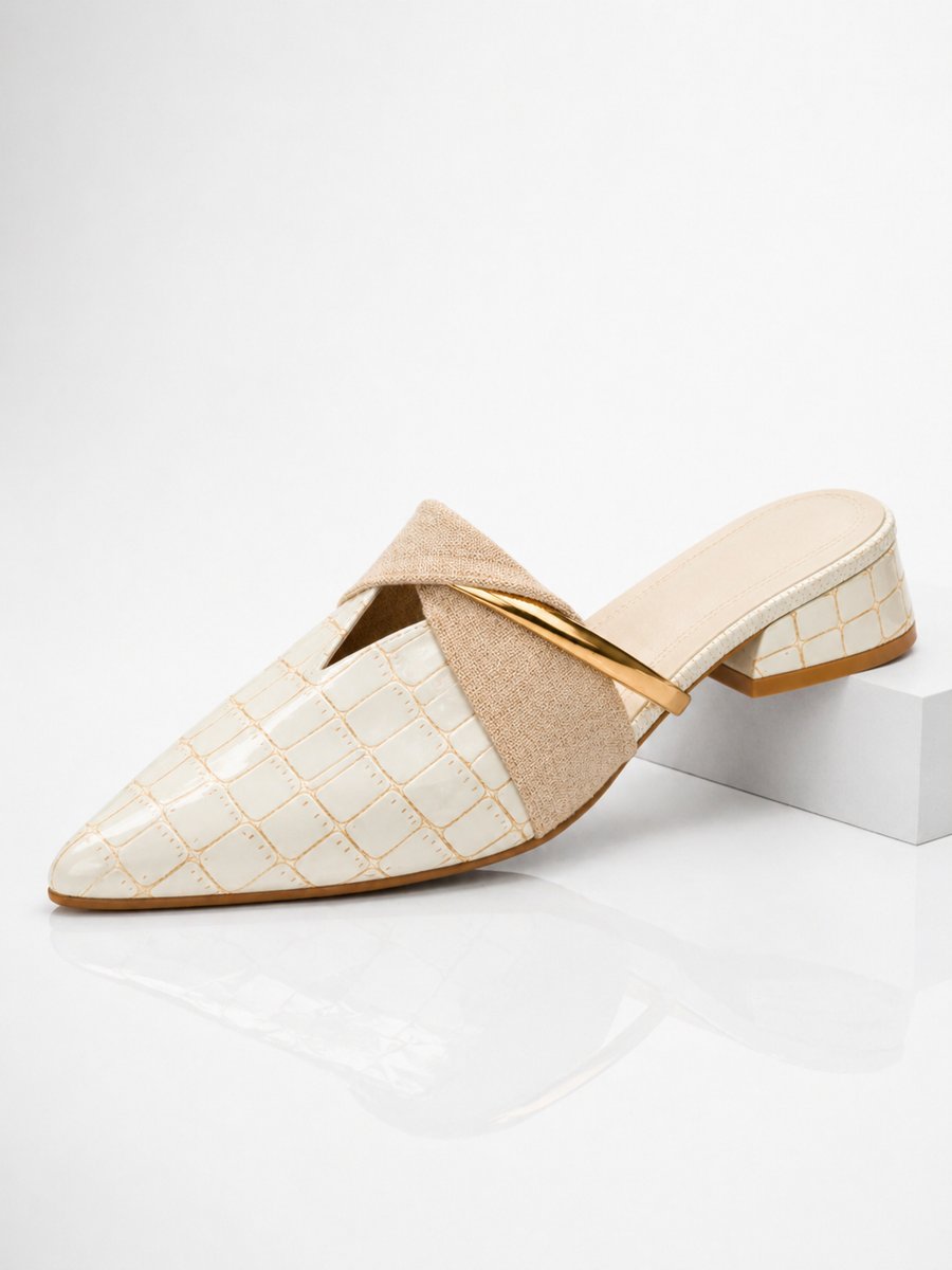 Womens Croc Effect Pointed Toe Low Block Heel Slip-On Mules - Cream