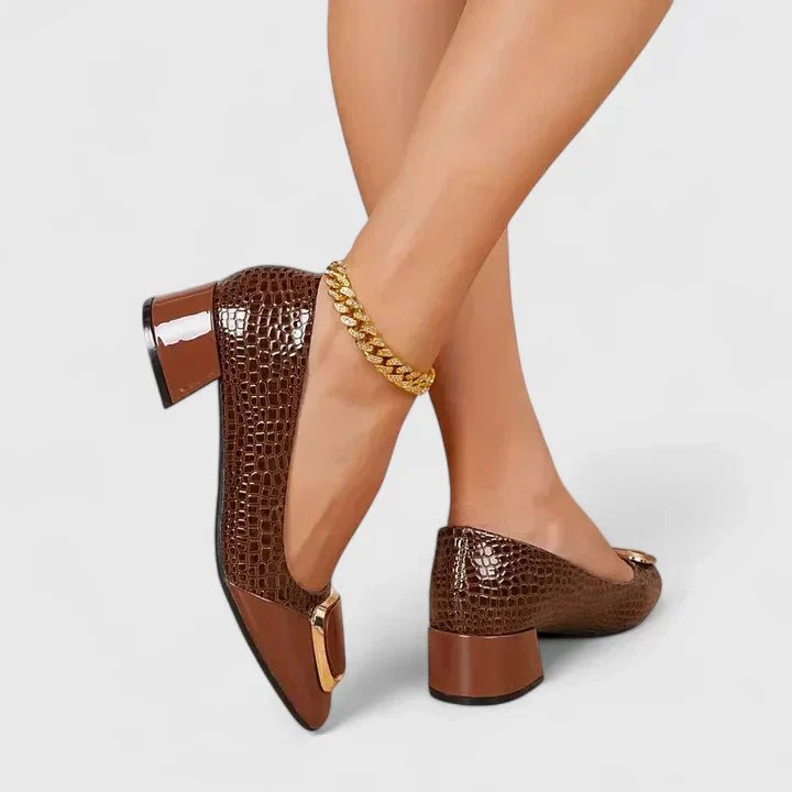 Women's Croc-Embossed Block-Heel Gold-Buckle Loafer Pumps - Brown
