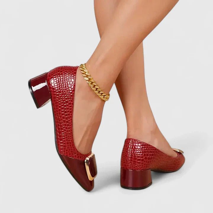 Women's Croc-Embossed Block-Heel Gold-Buckle Loafer Pumps - Bordeaux