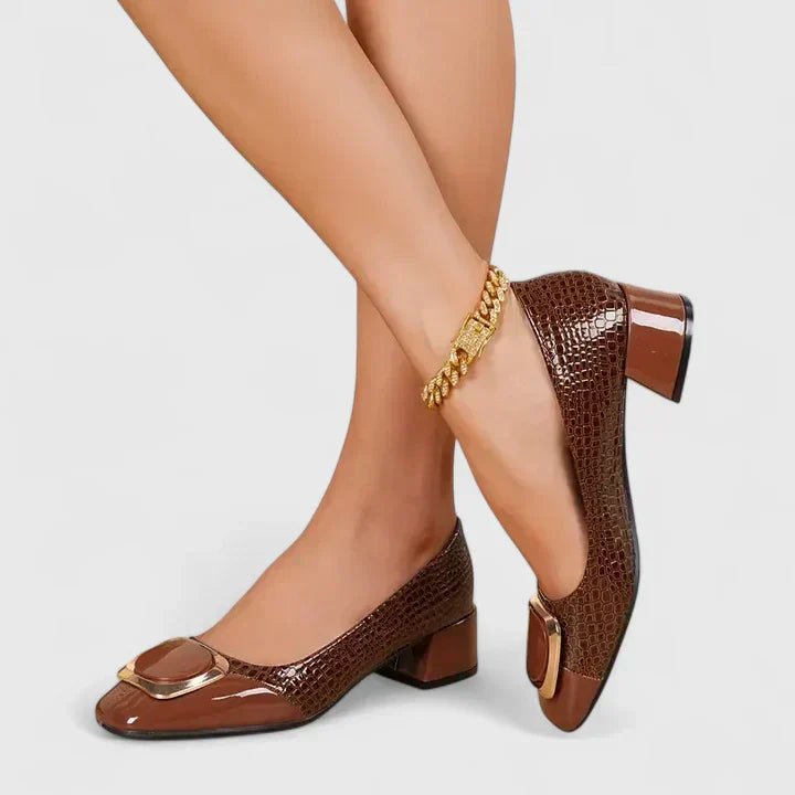 Women's Croc-Embossed Block-Heel Gold-Buckle Loafer Pumps
