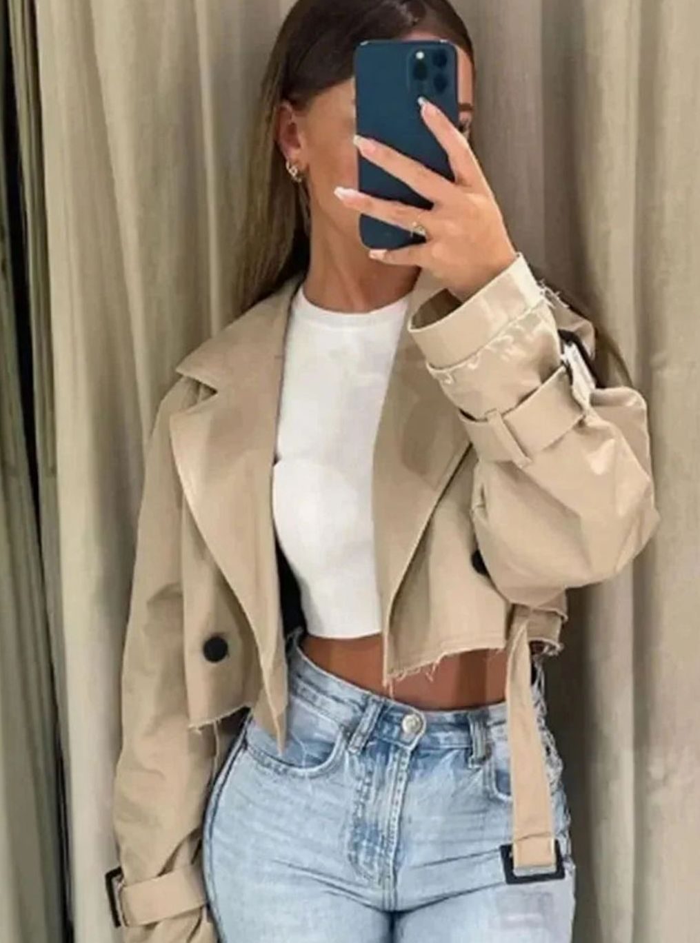 Women's Cropped Beige Long-Sleeve Trench Coat - Light brown