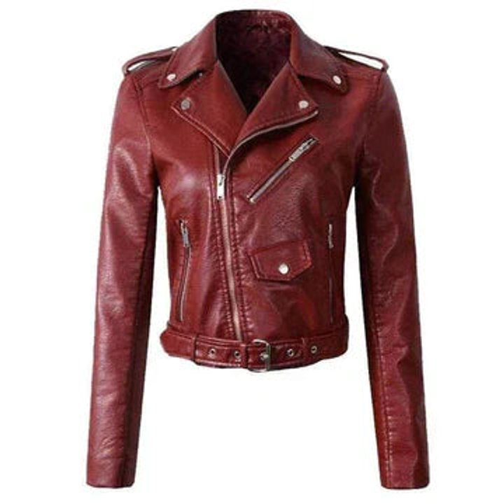 Women's Cropped Biker Faux Leather Jacket Belted Moto Style