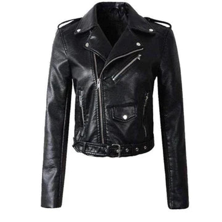 Women's Cropped Biker Faux Leather Jacket Belted Moto Style