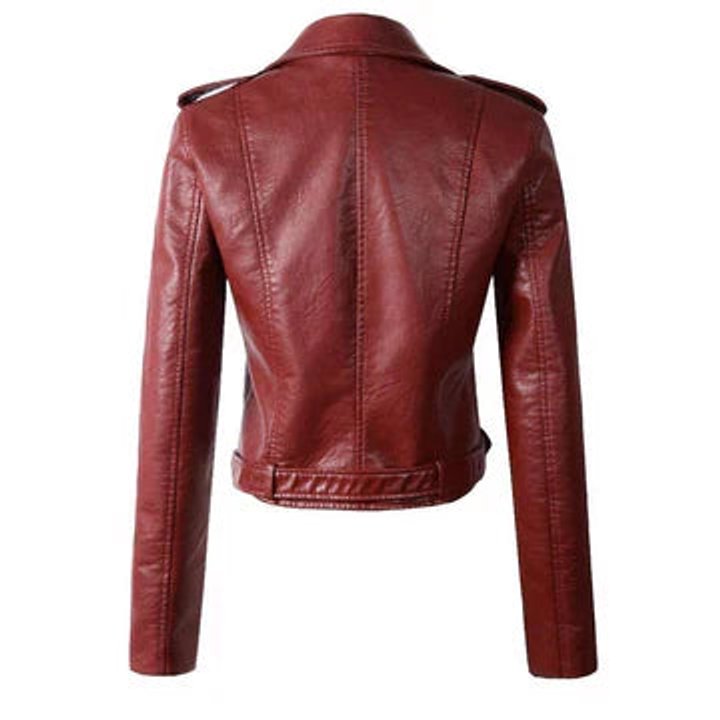 Women's Cropped Biker Faux Leather Jacket Belted Moto Style