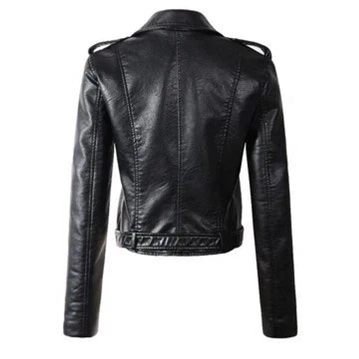 Women's Cropped Biker Faux Leather Jacket Belted Moto Style
