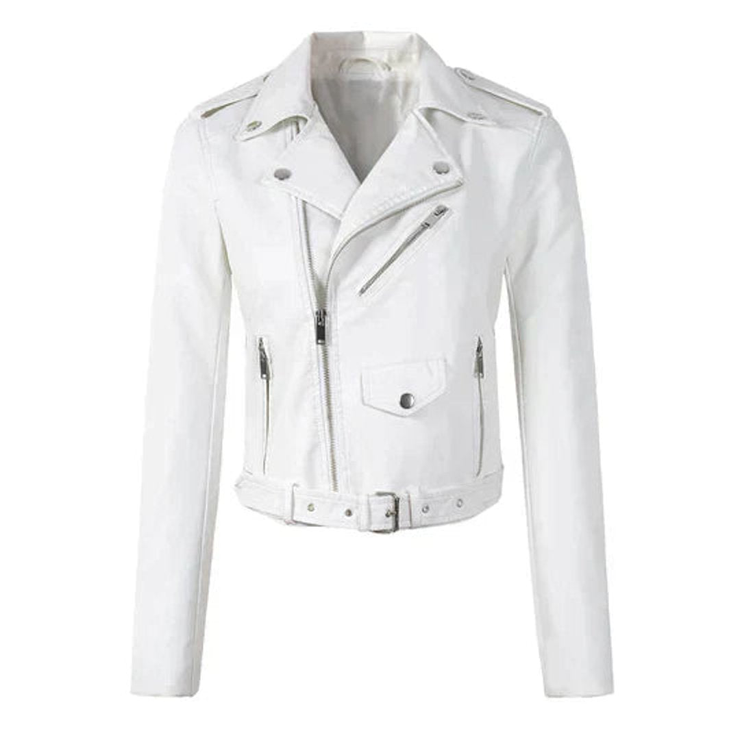 Women's Cropped Biker Faux Leather Jacket Belted Moto Style - White