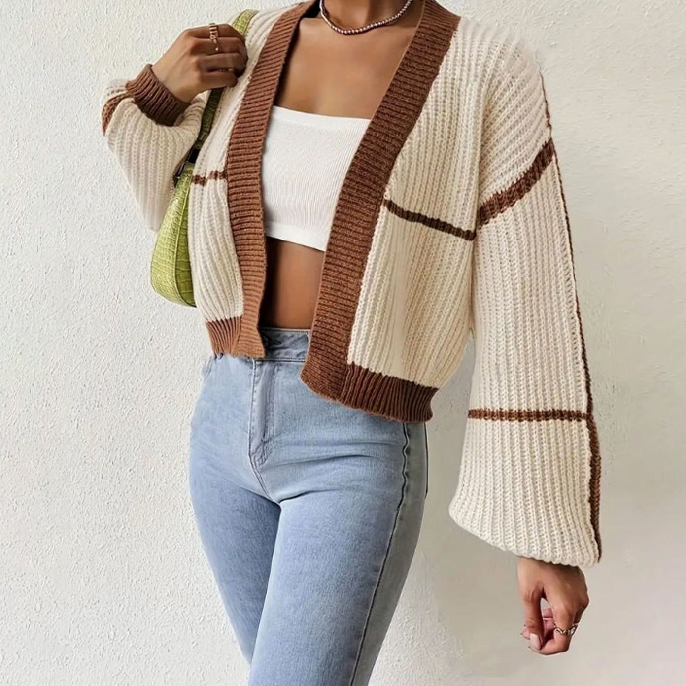 Women's Cropped Chunky Knit Open-Front Cardigan Balloon Sleeves - Khaki